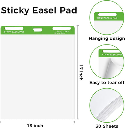 Sticky Mini Easel Pads 13 x 17 Inches, 3 Pack Anchor Chart Paper for Teachers, Self Stick Flip Chart Paper with Sticky Back for Classroom, Office, 30 Sheets/Pad (White)
