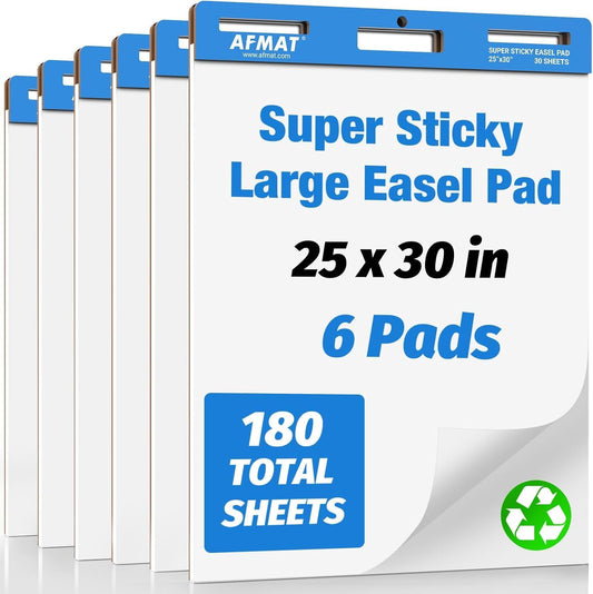 AFMAT Sticky Easel Pads, 25 in x 30 in Chart Paper for Teachers, Ink Bleed-Through Resistant Flip Chart Paper for Office/Classroom/Whiteboard/Wall, Large Self Stick Easel Paper, 30 Sheets/Pad, 6 Pads
