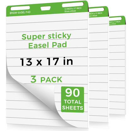 Sticky Mini Easel Pads 13 x 17 Inches, 3 Pack Anchor Chart Paper for Teachers, Self Stick Flip Chart Paper with Sticky Back for Classroom, Office, 30 Sheets/Pad (White)