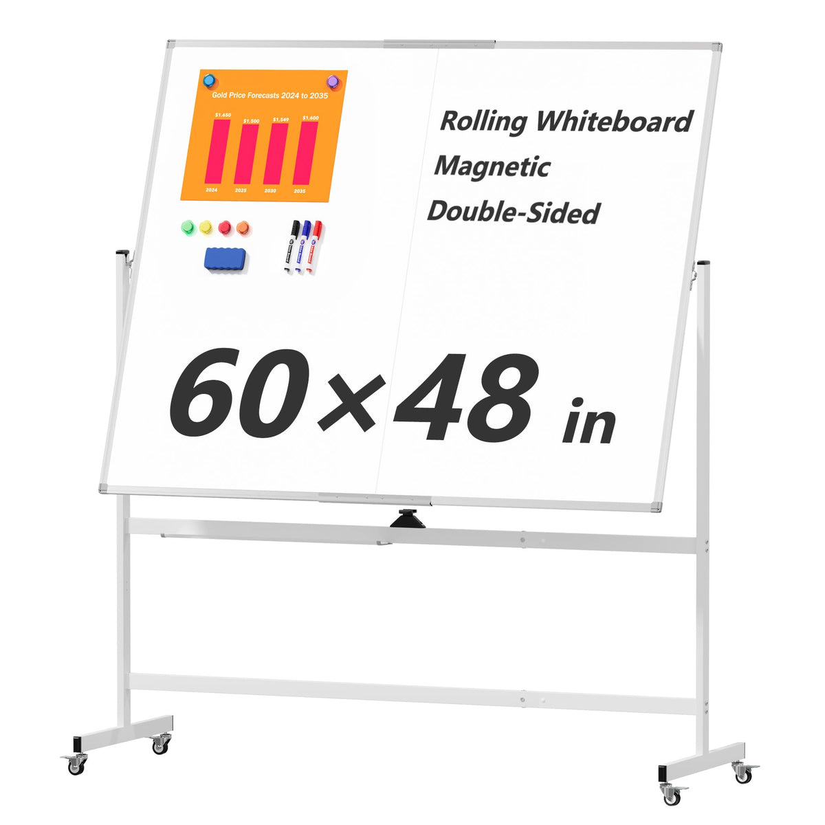 Large Rolling Whiteboard on Wheels, 48" x 36" Double-Sided Mobile White Board with Stand, 4' x 3' Portable Standing Magnetic Dry Erase Board Easel for Home Office Classroom School, Silver