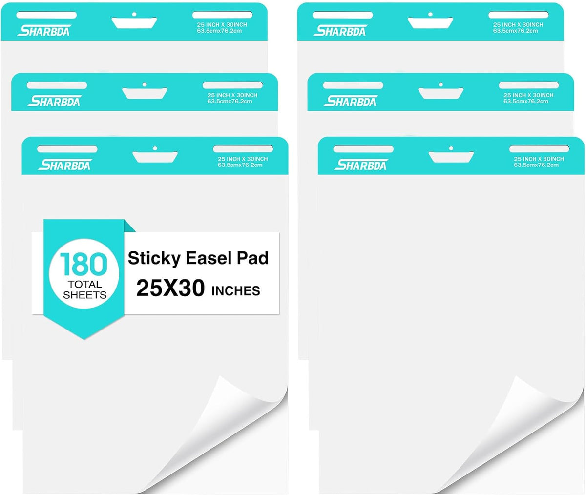 Sticky Easel Pad, 25 * 30 inch,Self-Stick Flip Chart Paper, Super Adhesive & Bleed-Resistant,Micro-Perforated Tear,Classroom Teacher Office Presentation Pads,6 Pads/Pack,180 Sheets