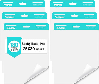Sticky Easel Pad, 25 * 30 inch,Self-Stick Flip Chart Paper, Super Adhesive & Bleed-Resistant,Micro-Perforated Tear,Classroom Teacher Office Presentation Pads,6 Pads/Pack,180 Sheets