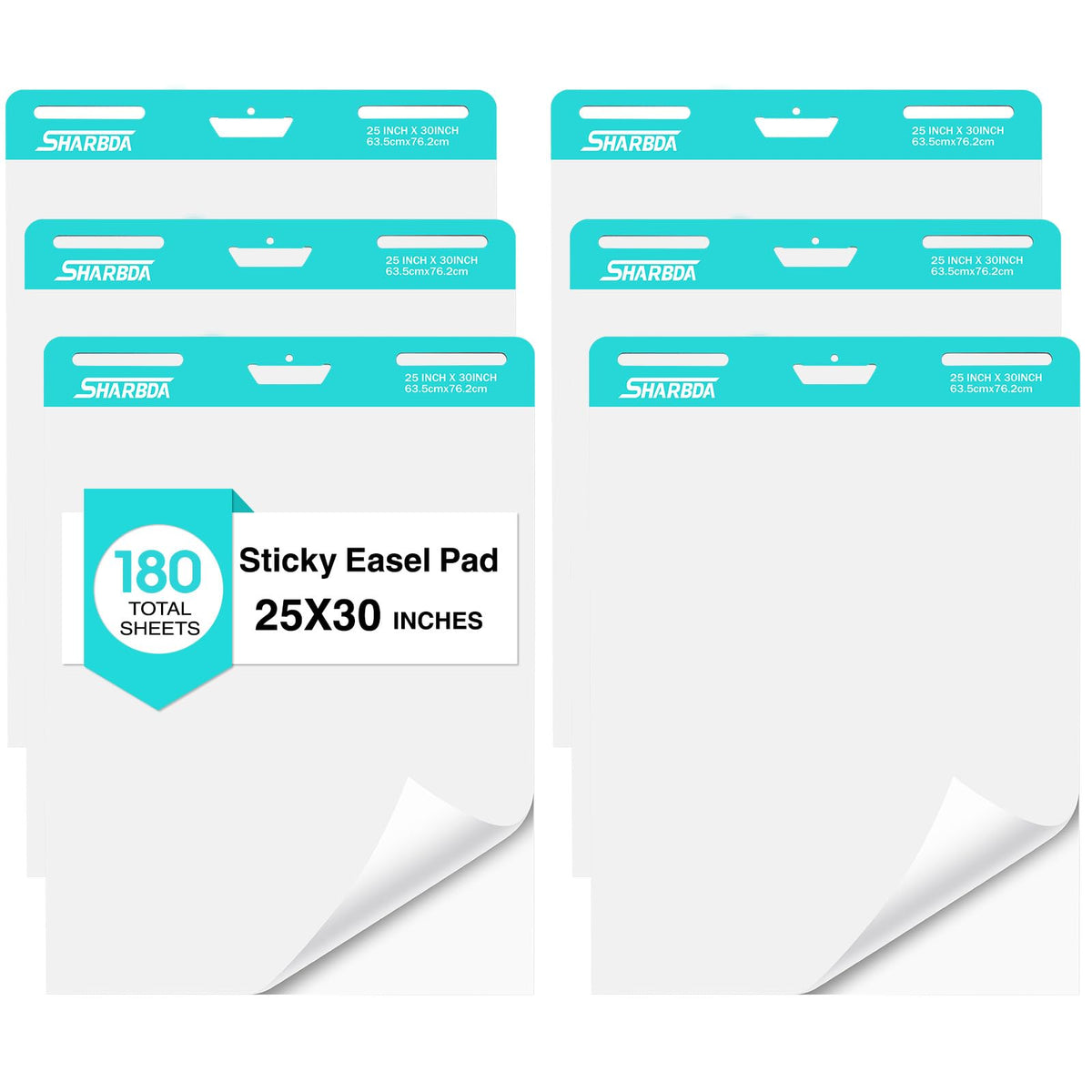 Sticky Easel Pad, 25 * 30 inch,Self-Stick Flip Chart Paper, Super Adhesive & Bleed-Resistant,Micro-Perforated Tear,Classroom Teacher Office Presentation Pads,6 Pads/Pack,180 Sheets