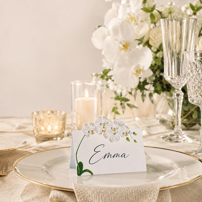 White Orchid Floral Place Cards 50 Count Wedding Tent Cards Table Setting