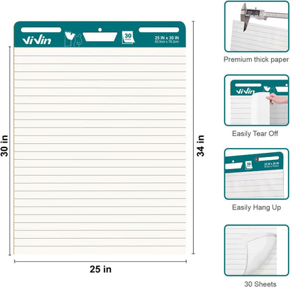 ViVin Lined Sticky Easel Pad, 30 Sheets, 2 Pads Flip Chart Paper