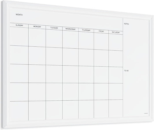 U Brands Magnetic Dry Erase Calendar White Board, 30" x 20", White Wood Style Frame, Includes Magnets