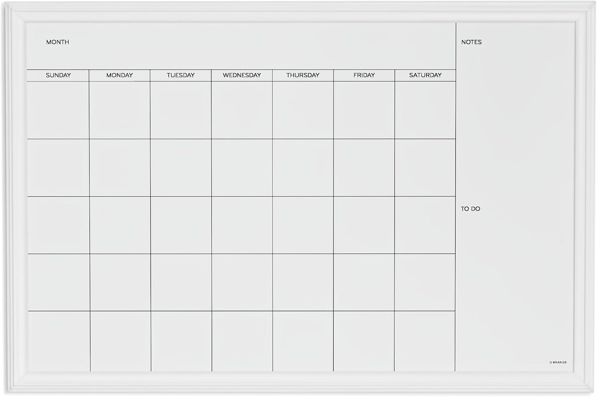 U Brands Magnetic Dry Erase Calendar White Board, 30" x 20", White Wood Style Frame, Includes Magnets