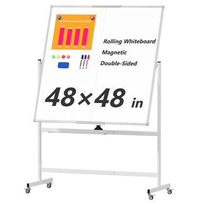 Large Rolling Whiteboard on Wheels, 48" x 36" Double-Sided Mobile White Board with Stand, 4' x 3' Portable Standing Magnetic Dry Erase Board Easel for Home Office Classroom School, Silver
