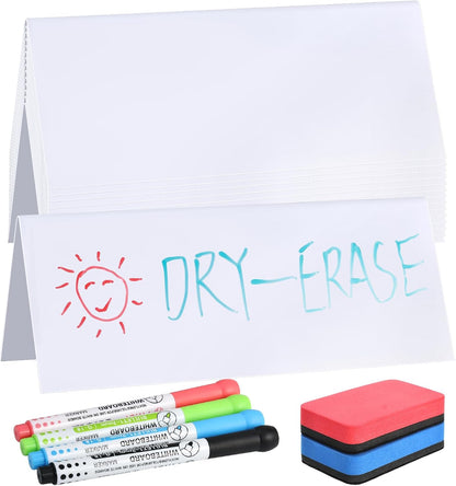 14 Pcs Reusable Dry Erase Name Tent Cards for Table with 4 Dry Erase Markers and 2 Erasers, 7.8" x 3.1" Reusable PVC Name Cards Desk Place Card Plates for Weddings Classroom Office Meetings, White