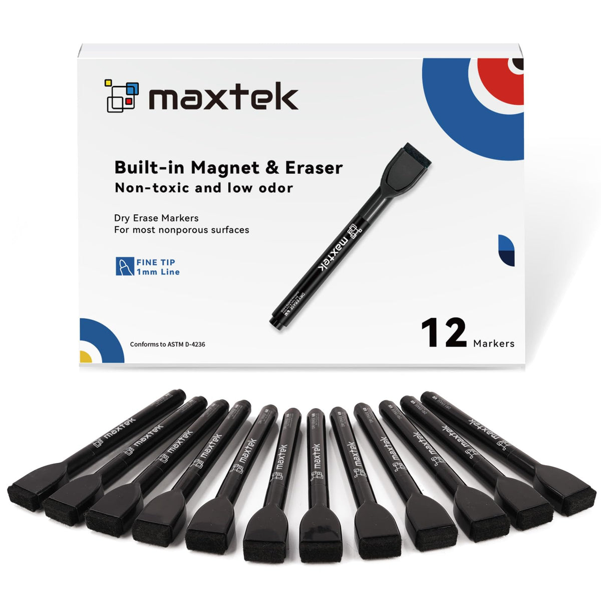 maxtek Magnetic Black Dry Erase Markers with Eraser, Fine Tip, 6 Count