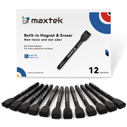 maxtek Magnetic Black Dry Erase Markers with Eraser, Fine Tip, 6 Count