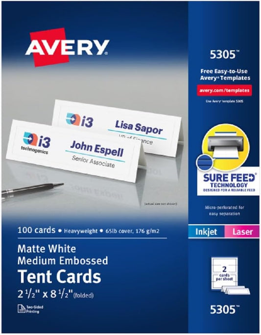 Avery 5305 Medium Embossed Tent Cards, White, 2-1/2 x 8-1/2, 100 Cards/Box