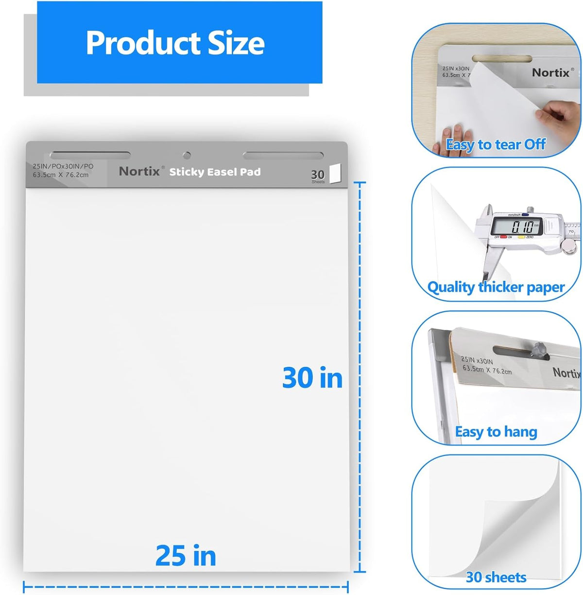 Nortix Sticky Easel Pad, Flip Chart Paper, 25 x30 inch, 30 Sheets/Pad, 6 Pads, Chart Paper for Teachers,Super Adhesive & Bleed-Resistant, Large Self-Stick Easel Paper for Classroom/Office/Home