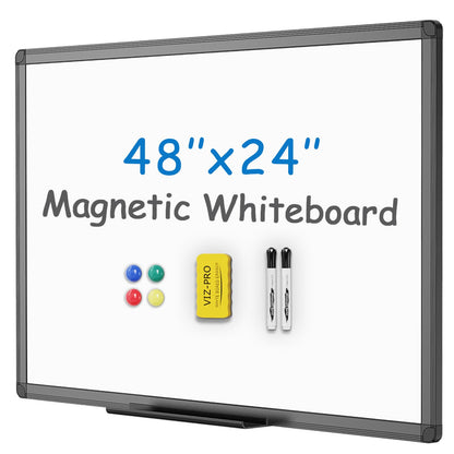 VIZ-PRO Magnetic Dry Erase White Board, 36 X 24 Inches, Black Aluminium Frame