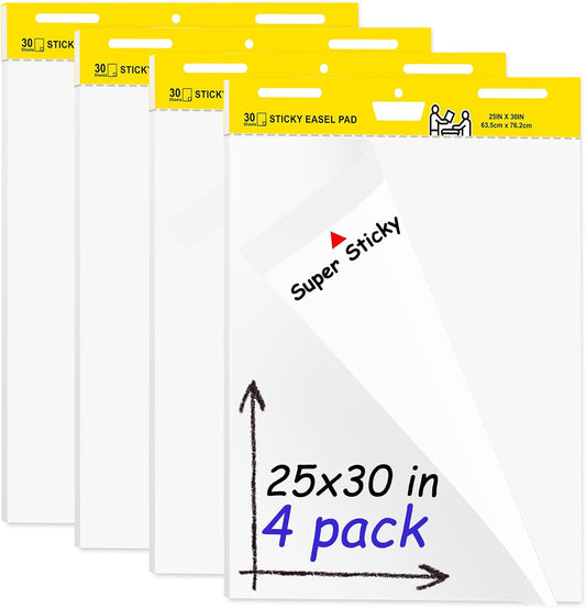Sticky Easel Pad, Flip Chart Paper for Teachers 25 x 30 Inches, Super Sticky Bleed Resistant, Large White Premium Self Stick Easel Paper, 30 Sheets/Pad, 4 Pads