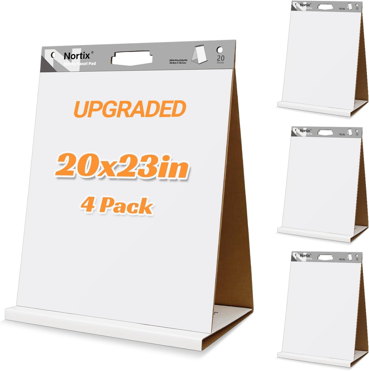 Nortix Sticky Easel Pad, Flip Chart Paper, Easer Paper, Upgraded Versatile Tabletop Sticky Easel Pad with Dry Erase Surface for Meeting/Training/Doodling, 20x23 Inches, 20 Sheets/Pad, 4 Pads