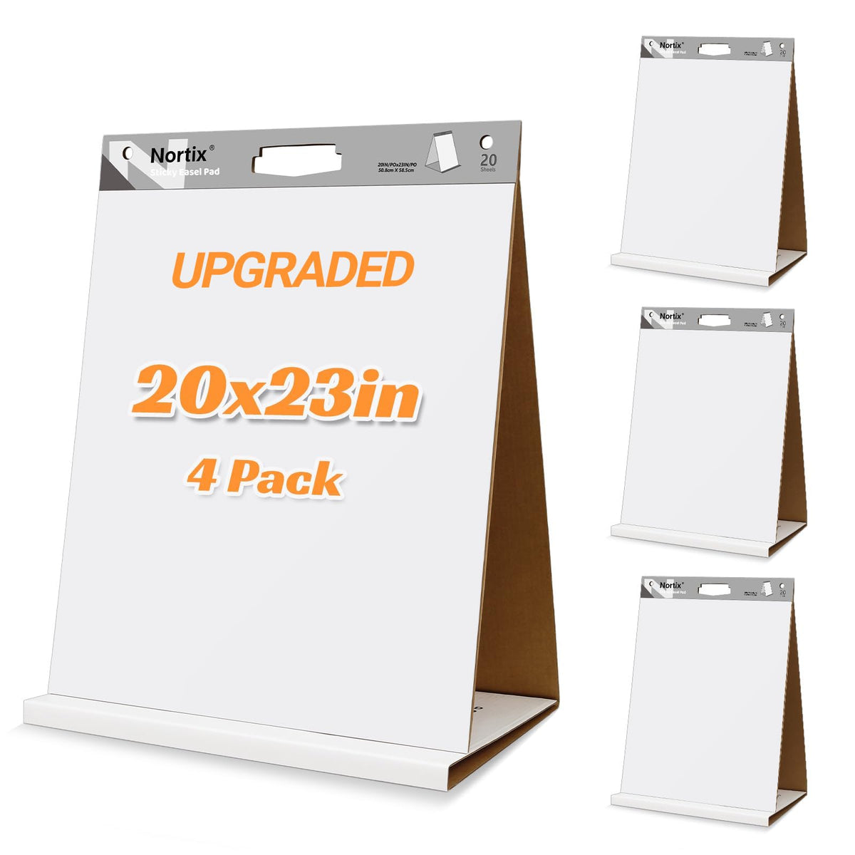 Nortix Sticky Easel Pad, Flip Chart Paper, Easer Paper, Upgraded Versatile Tabletop Sticky Easel Pad with Dry Erase Surface for Meeting/Training/Doodling, 20x23 Inches, 20 Sheets/Pad, 4 Pads