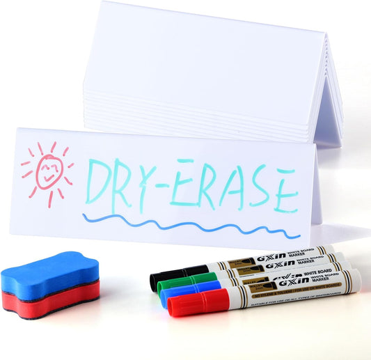 12 Pcs Dry Erase Name Tent Cards for Table, Reusable Name Cards 8.75" x 3" Desk Name Tents Sets with Dry Erase Markers and Erasers, Facilitate Effective Organization of Meetings and Classes