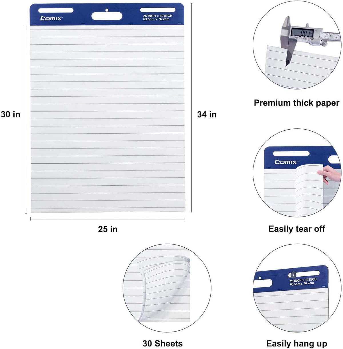 Comix Lined Sticky Easel Pad, 25 x 30 In Flip Chart, 30 Sheets/Pad, 10 Pads