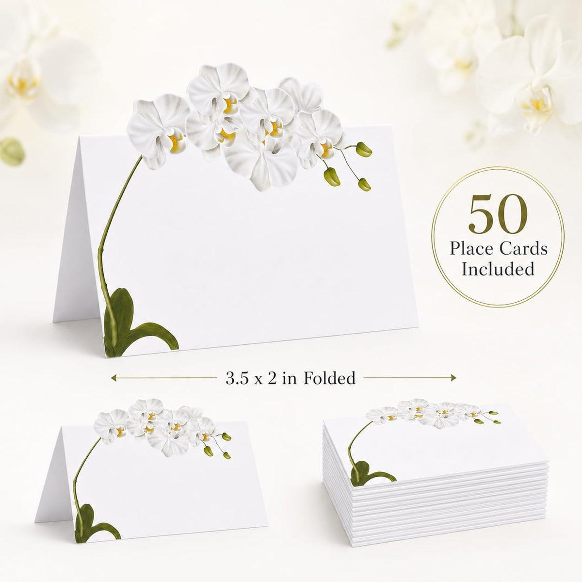 White Orchid Floral Place Cards 50 Count Wedding Tent Cards Table Setting