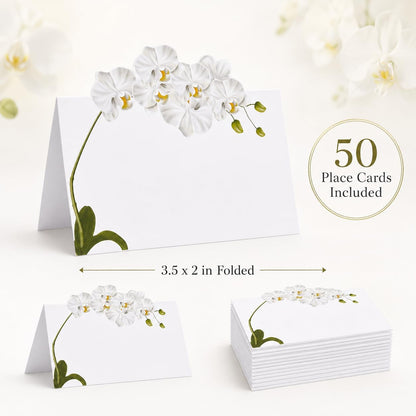 White Orchid Floral Place Cards 50 Count Wedding Tent Cards Table Setting