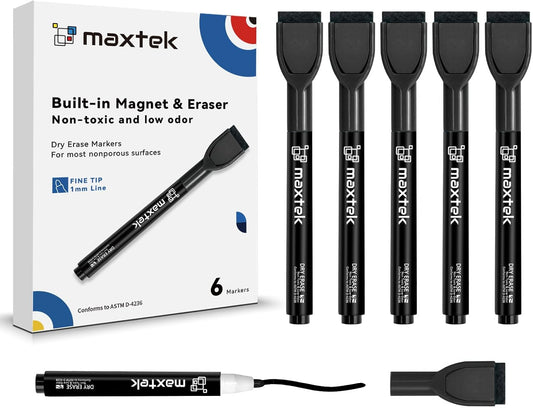 maxtek Magnetic Black Dry Erase Markers with Eraser, Fine Tip, 6 Count