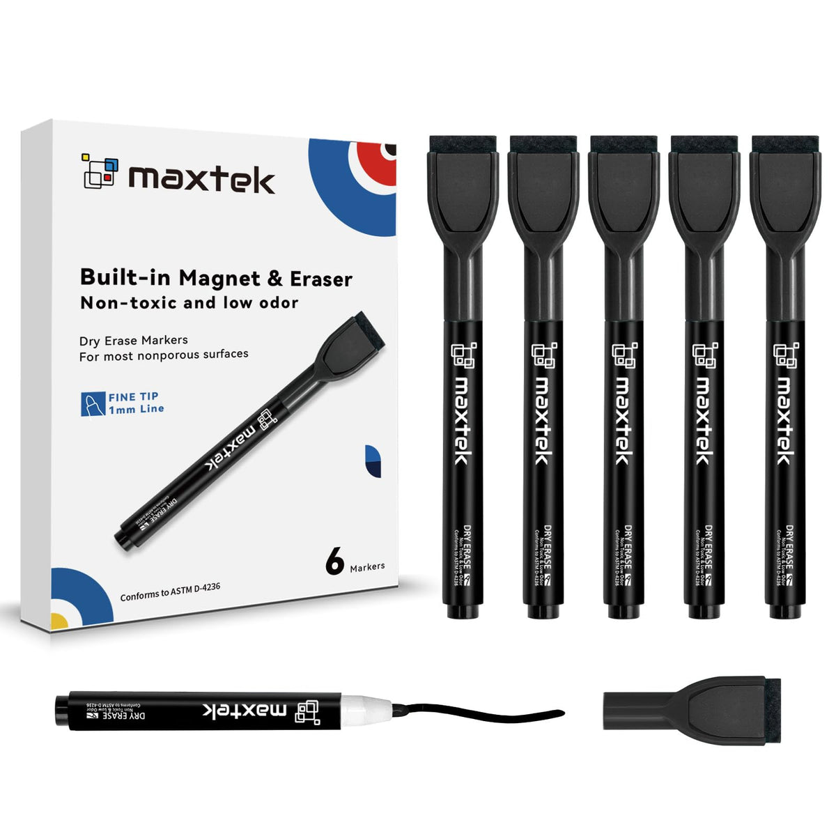 maxtek Magnetic Black Dry Erase Markers with Eraser, Fine Tip, 6 Count