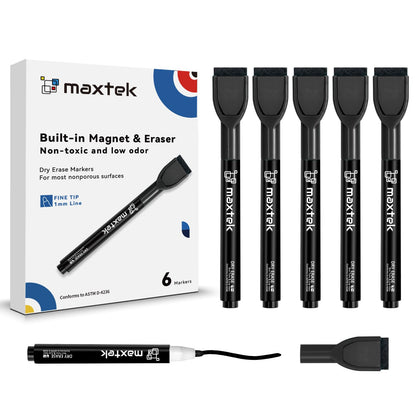 maxtek Magnetic Black Dry Erase Markers with Eraser, Fine Tip, 6 Count