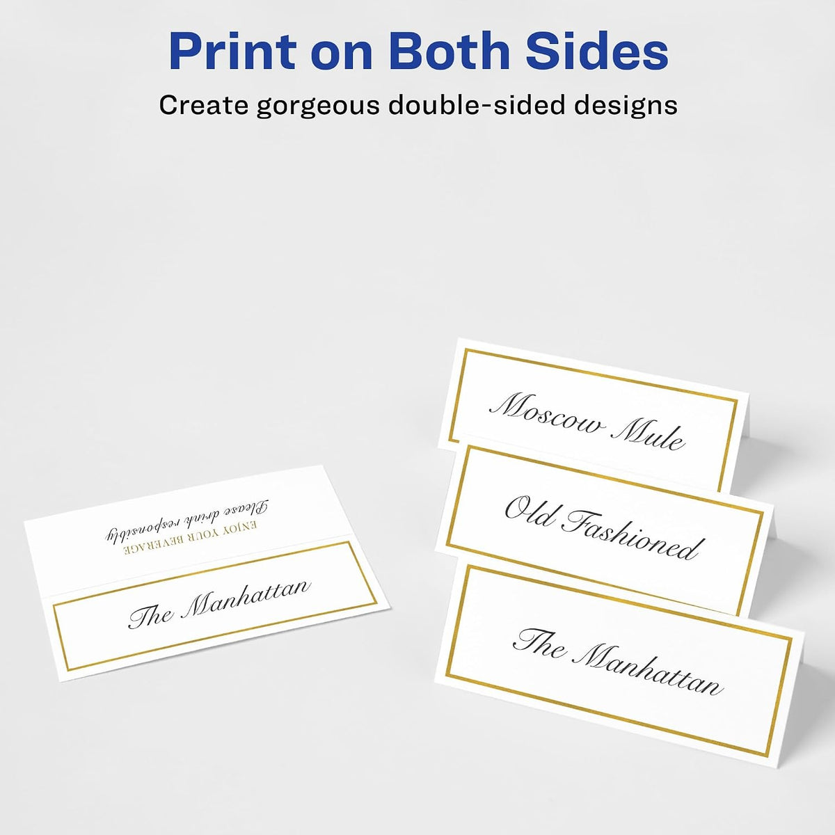 Avery® Printable Place Cards with Sure Feed Technology, 1-7/16" x 3-3/4", White with Gold Border, Pack of 150 Cards