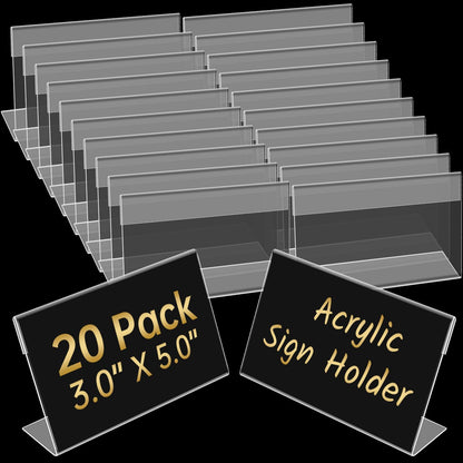20 Pcs Acrylic Sign Holder 3x5 Inch, Horizontal Clear Sign Holders, L-Shape Acrylic Paper Holder, Plastic Sign Holder Display Stand for Business, Classroom, Office, Retail Store, Restaurant
