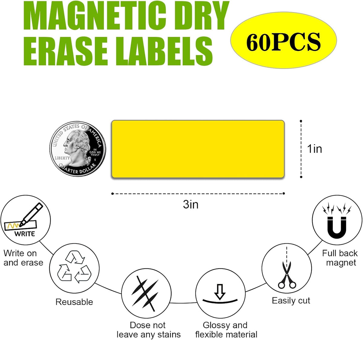 STTMGN Dry Erase Magnetic Labels (1x3,Pack of 60),Write On Magnets Sticker,Real Waterproof/Reusable for Classroom&Office&Cabinet&whiteboard&Fridge&More (Multicolor)