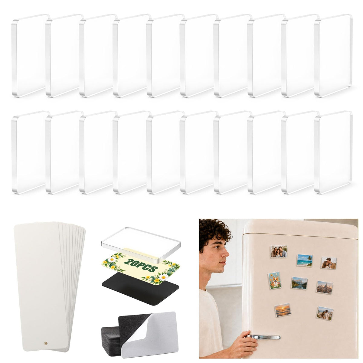 20PCS DIY Rectangle Fridge Magnet Kit,Clear Acrylic Magnets Kit