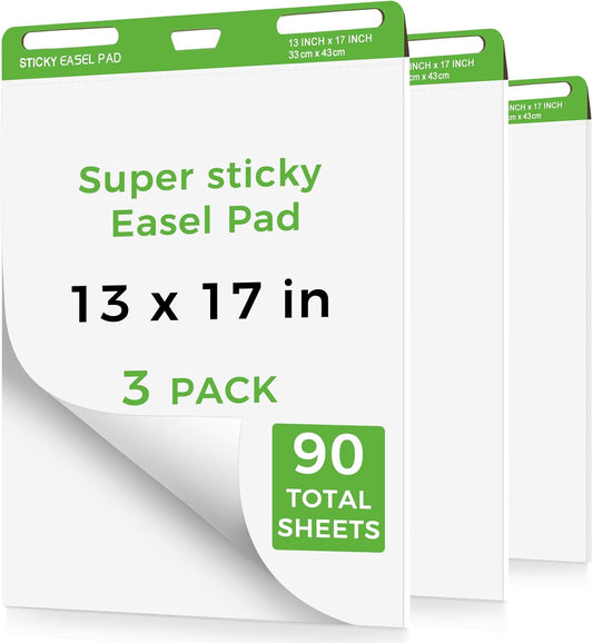 Sticky Mini Easel Pads 13 x 17 Inches, 3 Pack Anchor Chart Paper for Teachers, Self Stick Flip Chart Paper with Sticky Back for Classroom, Office, 30 Sheets/Pad (White)
