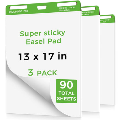 Sticky Mini Easel Pads 13 x 17 Inches, 3 Pack Anchor Chart Paper for Teachers, Self Stick Flip Chart Paper with Sticky Back for Classroom, Office, 30 Sheets/Pad (White)