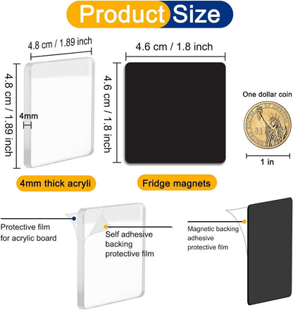 30 Pieces Fridge Magnet Set Acrylic Square Refrigerator Magnet with Adhesive Backing DIY Fridge Magnets for Office, Classroom, Cabinets, Kitchen (60 Piece, 1.89 Inch)