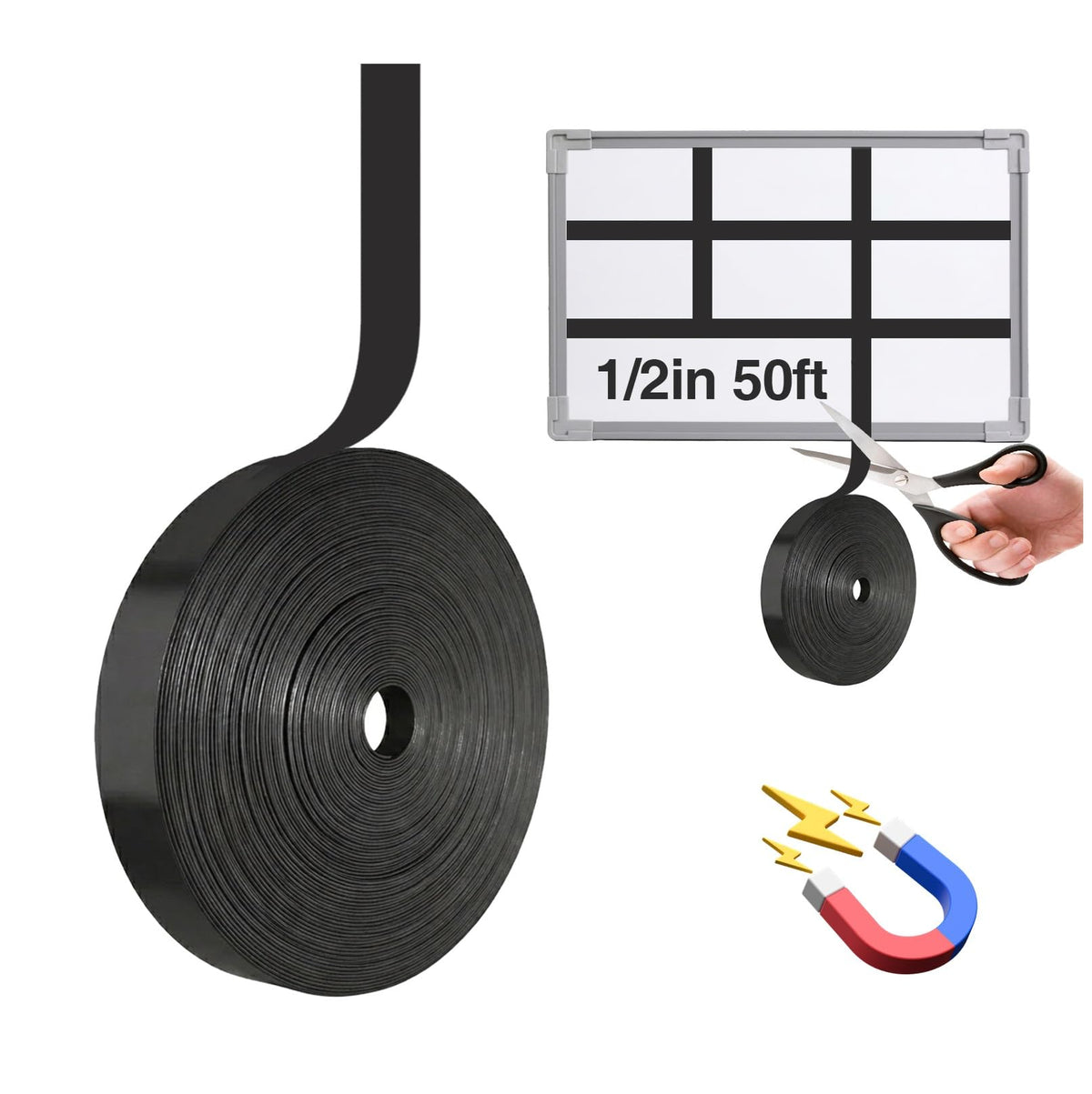 Magnetic Whiteboard Tape for Office,Fine Line Gridding Tape - 1/5 in x 40 yd x 24 mil,High Energy Thin Strip Magnets,Black 120 Feet