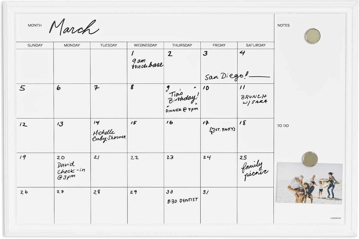 U Brands Magnetic Dry Erase Calendar White Board, 30" x 20", White Wood Style Frame, Includes Magnets