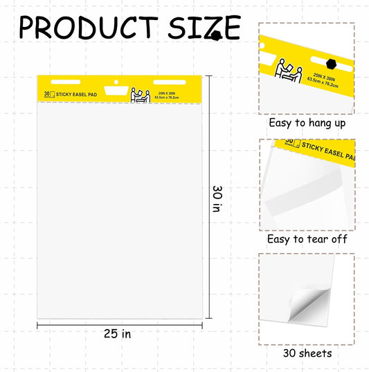 Sticky Easel Pad, Flip Chart Paper for Teachers 25 x 30 Inches, Super Sticky Bleed Resistant, Large White Premium Self Stick Easel Paper, 30 Sheets/Pad, 4 Pads