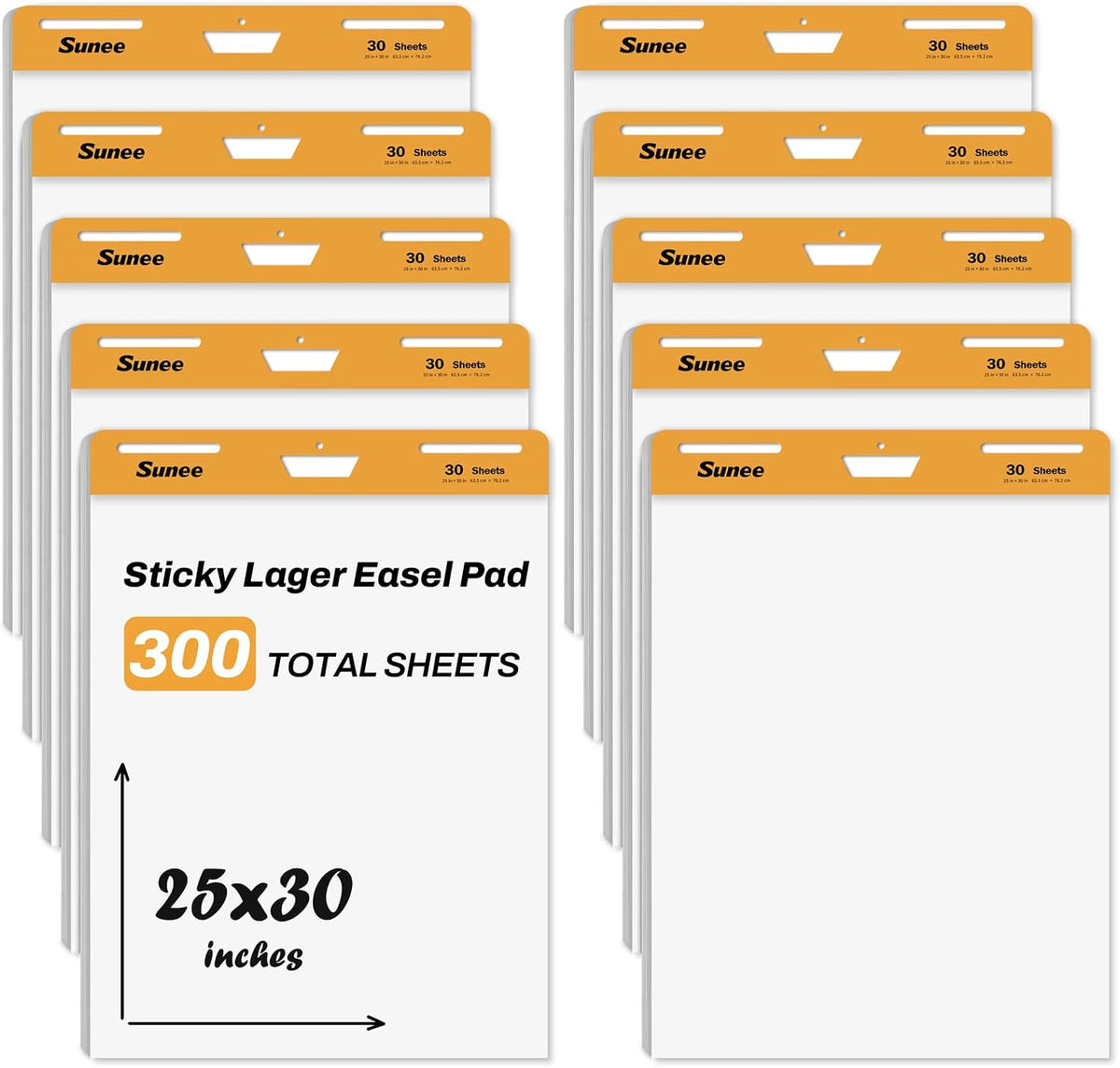 SUNEE Sticky Easel Pads, 25x30 Inches, 30 Sheets/Pad, 10 Pack – Self Stick Flip Chart Paper for Whiteboards, Premium Large White Chart Paper