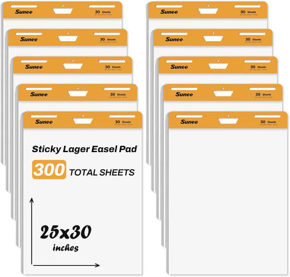 SUNEE Sticky Easel Pads, 25x30 Inches, 30 Sheets/Pad, 10 Pack – Self Stick Flip Chart Paper for Whiteboards, Premium Large White Chart Paper
