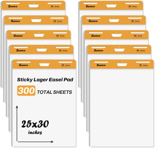 SUNEE Sticky Easel Pads, 25x30 Inches, 30 Sheets/Pad, 10 Pack – Self Stick Flip Chart Paper for Whiteboards, Premium Large White Chart Paper