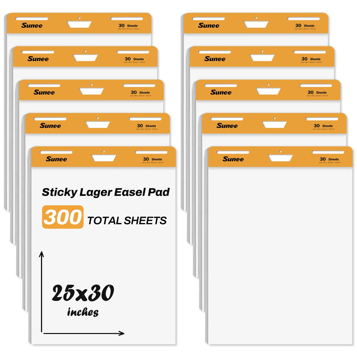 SUNEE Sticky Easel Pads, 25x30 Inches, 30 Sheets/Pad, 10 Pack – Self Stick Flip Chart Paper for Whiteboards, Premium Large White Chart Paper