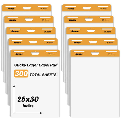 SUNEE Sticky Easel Pads, 25x30 Inches, 30 Sheets/Pad, 10 Pack – Self Stick Flip Chart Paper for Whiteboards, Premium Large White Chart Paper