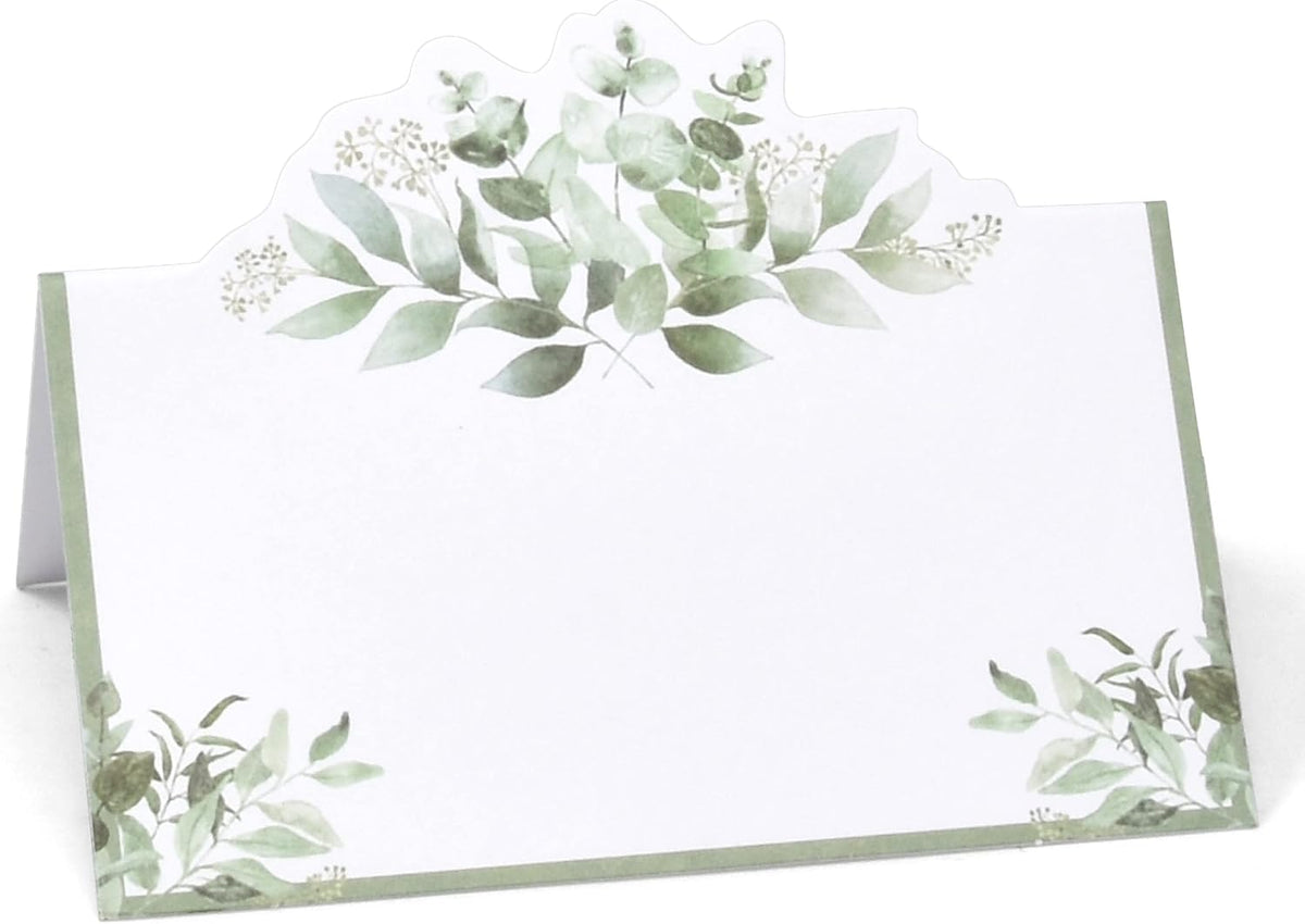 Gift Boutique 100 Pack Eucalyptus Greenery Place Cards Floral Green Leaves Seating Name Card Folded Tent Cards for Baby Shower Reception Tables Placement Party Decorations 2" x 3.5"
