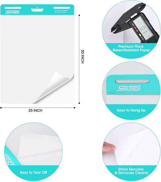 Sticky Easel Pad, 25 * 30 inch,Self-Stick Flip Chart Paper, Super Adhesive & Bleed-Resistant,Micro-Perforated Tear,Classroom Teacher Office Presentation Pads,6 Pads/Pack,180 Sheets