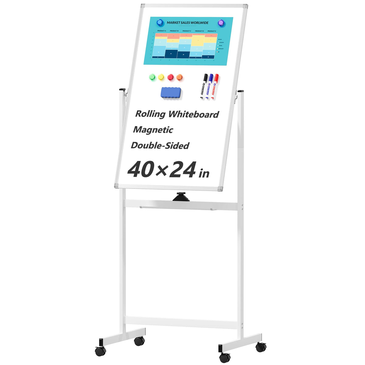 Large Rolling Whiteboard on Wheels, 48" x 36" Double-Sided Mobile White Board with Stand, 4' x 3' Portable Standing Magnetic Dry Erase Board Easel for Home Office Classroom School, Silver