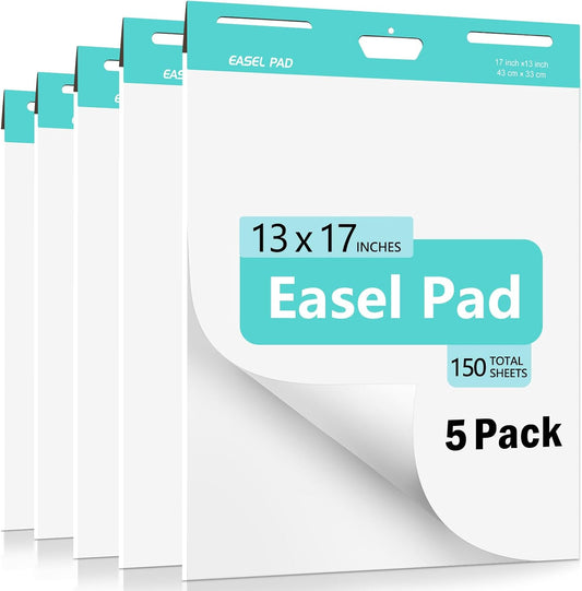 Sticky Easel Pad, 13 x 17 In Self Stick Chart Paper for Teachers, Super Sticking Power Anchor Chart Paper for White Board, Flip Chart Paper with Sticky Back for Classroom, Office, School, 30 Sheet/Pad, 5 Pads