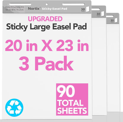 Nortix Flip Chart Paper, Sticky Easel Pads, Chart Paper for Teachers,Super Adhesive & Bleed-Resistant, Large Self-Stick Easel Paper for Classroom/Office, 20 x 23 inch, 30 Sheets/Pad, 3 Pads