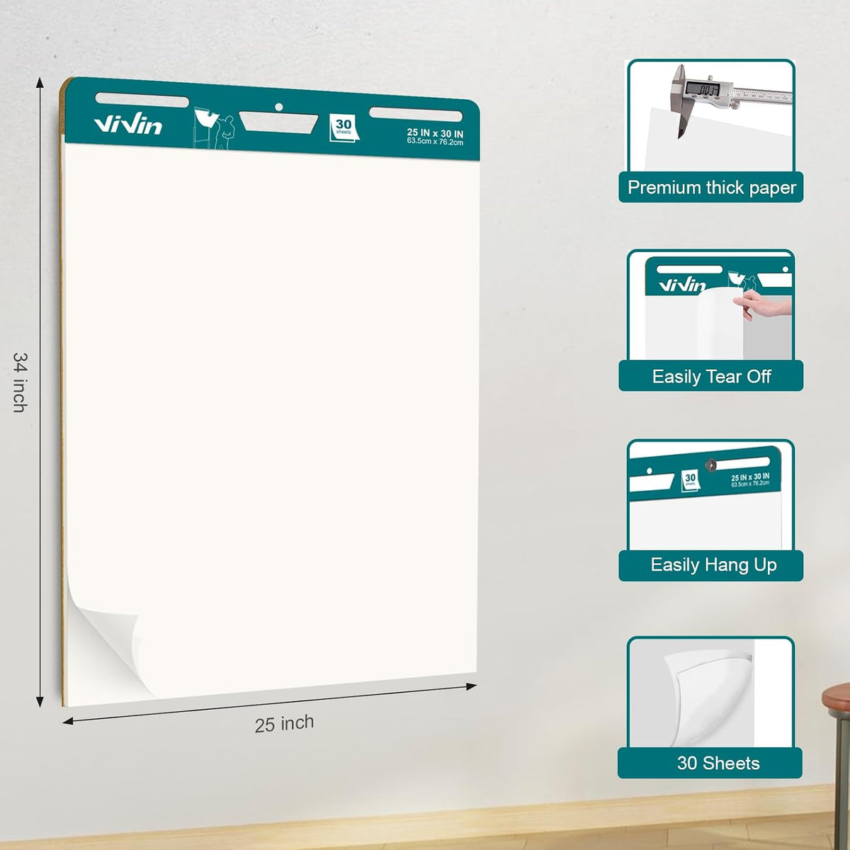 ViVin Super Sticky Easel Pad, 25 x 30 Inches Flip Chart Paper for Teachers, Large Self Stick Easel Paper, Teacher Anchor Chart, 30 Sheets/Pad, 4 Pads/Pack