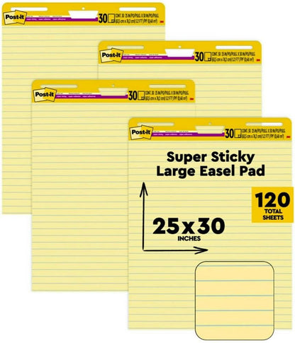 Post-it Super Sticky Easel Pad, 25 x 30 Inches, 30 Sheets/Pad, 4 Pads (561VAD4PK), Yellow Lined Premium Self Stick Flip Chart Paper, Super Sticking Power (561 VAD 4PK)